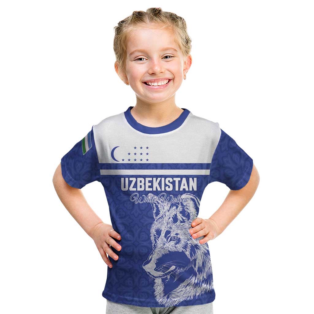 Custom Uzbekistan Football 2026 Kid T Shirt White Wolves Rising