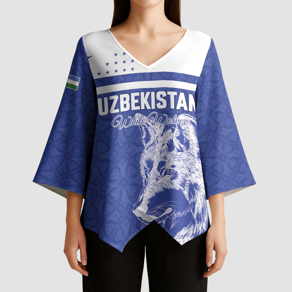 Custom Uzbekistan Football 2026 Kimono Sleeve Blouse White Wolves Rising
