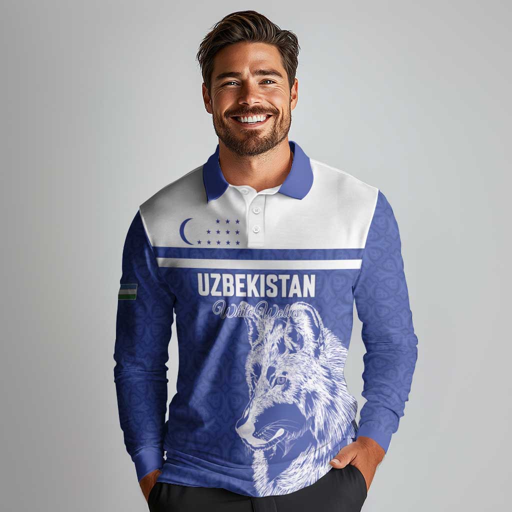 Custom Uzbekistan Football 2026 Long Sleeve Polo Shirt White Wolves Rising