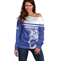 Custom Uzbekistan Football 2026 Off Shoulder Sweater White Wolves Rising