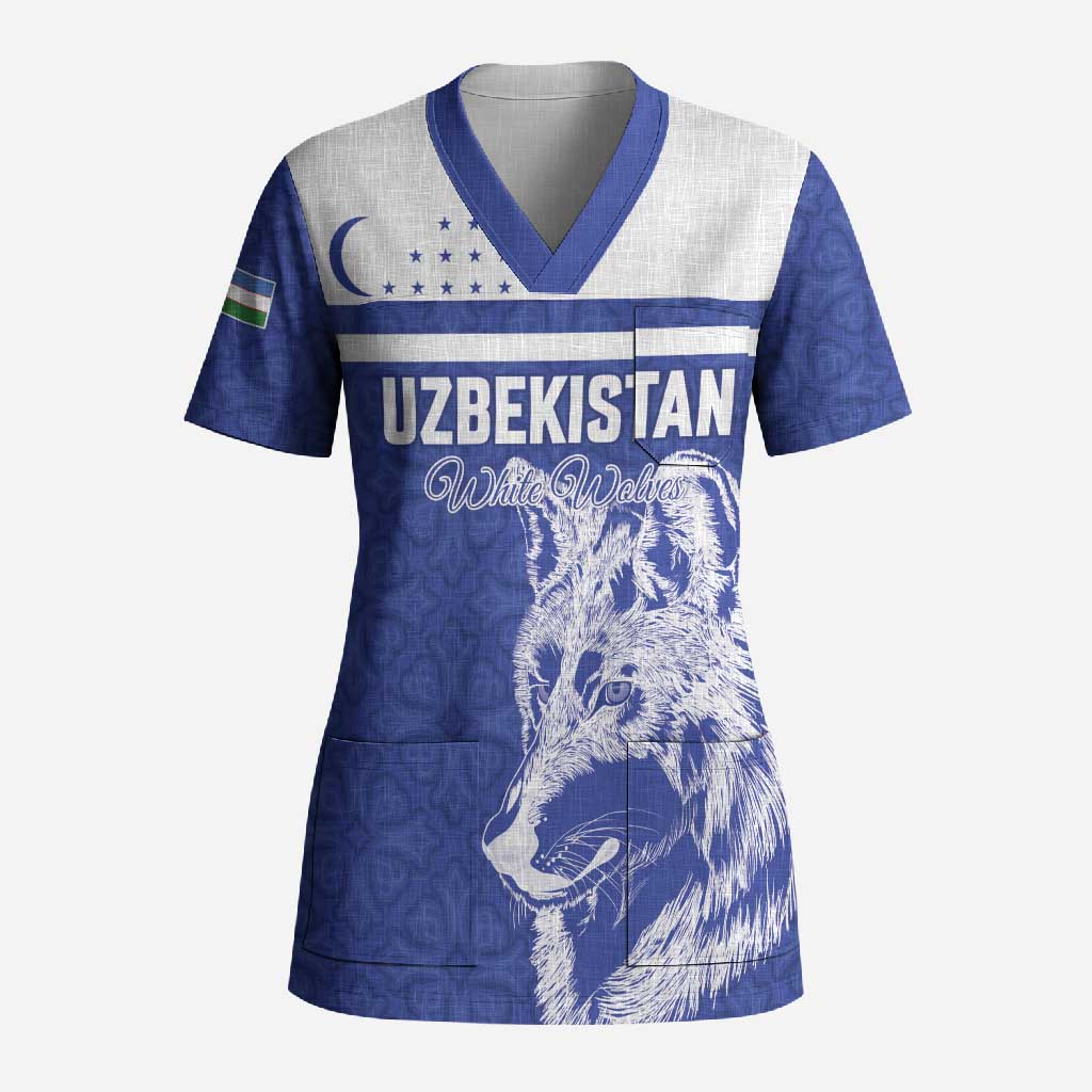 Custom Uzbekistan Football 2026 Scrub Top White Wolves Rising