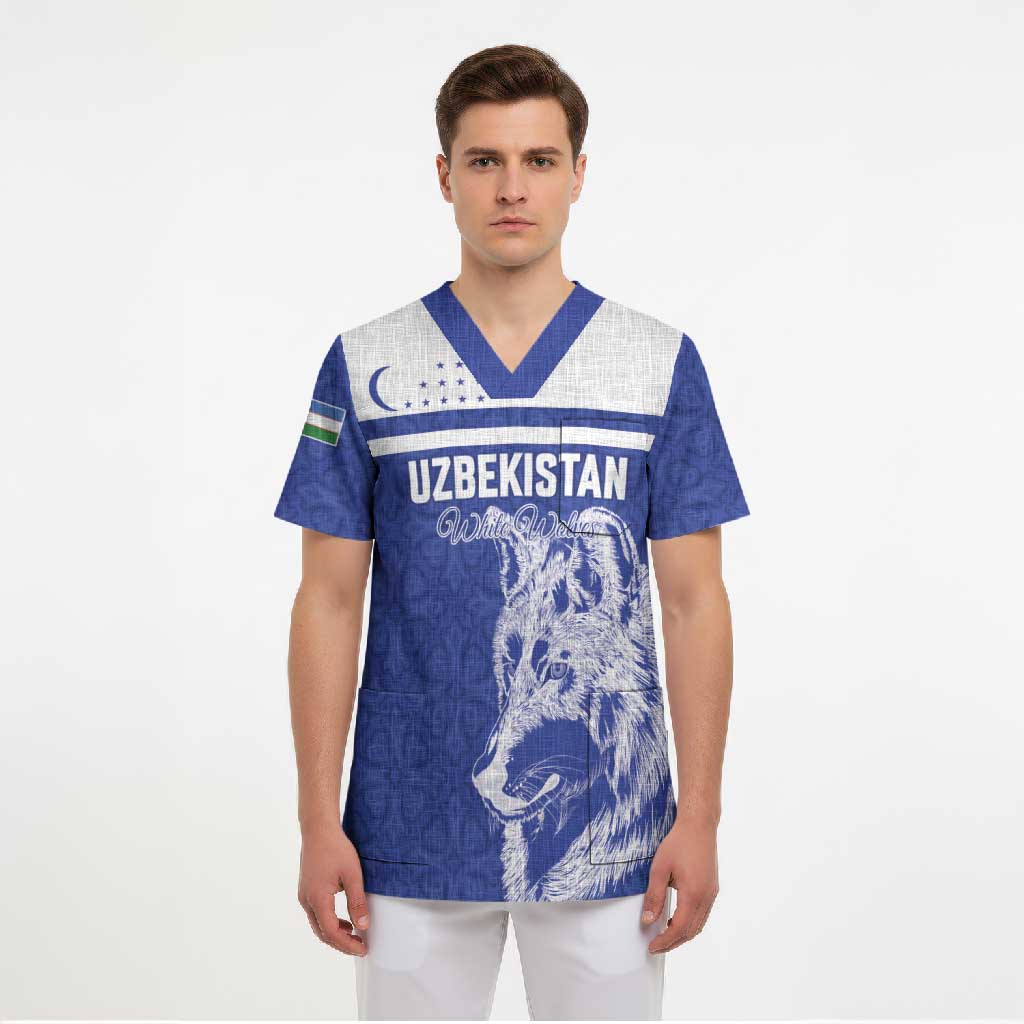Custom Uzbekistan Football 2026 Scrub Top White Wolves Rising