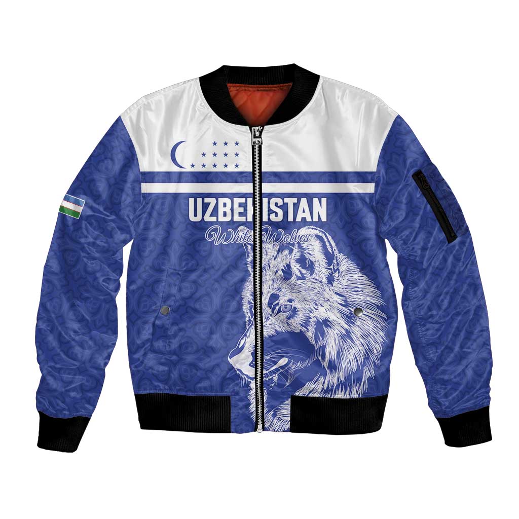 Custom Uzbekistan Football 2026 Sleeve Zip Bomber Jacket White Wolves Rising