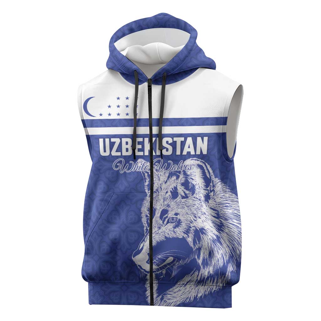 Custom Uzbekistan Football 2026 Sleeveless Zip Hoodie White Wolves Rising