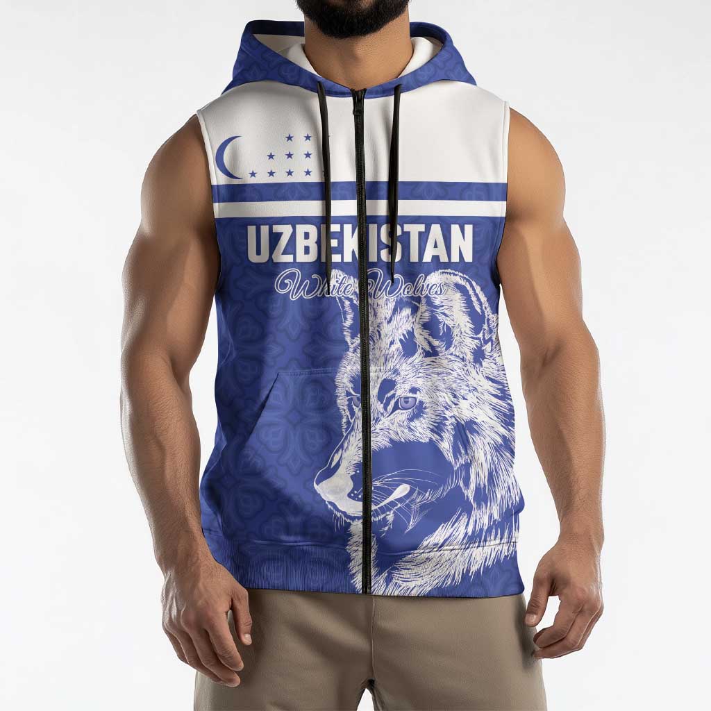 Custom Uzbekistan Football 2026 Sleeveless Zip Hoodie White Wolves Rising