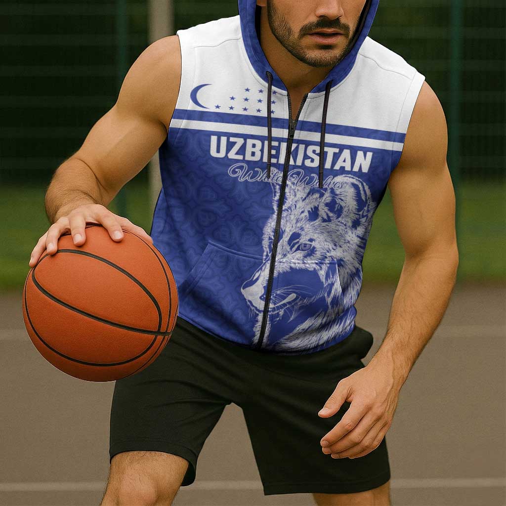 Custom Uzbekistan Football 2026 Sleeveless Zip Hoodie White Wolves Rising