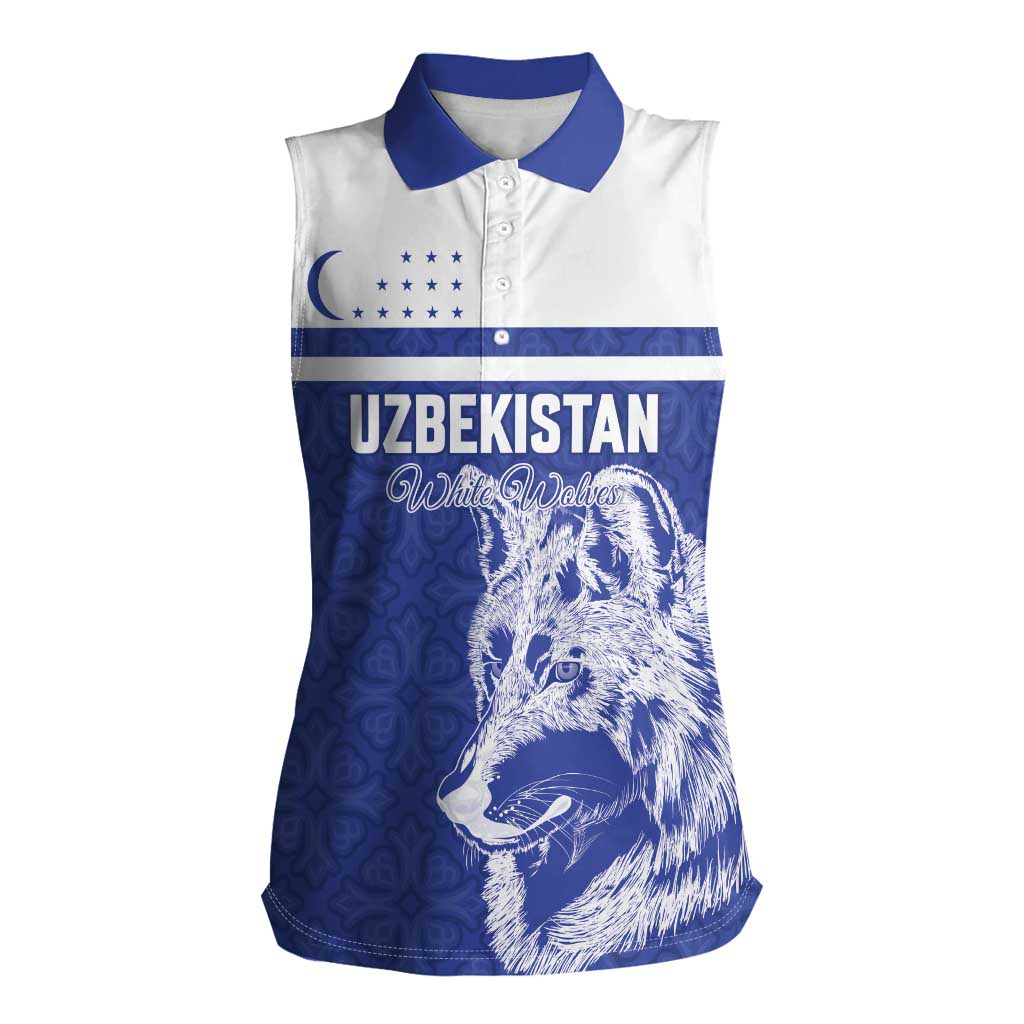 Custom Uzbekistan Football 2026 Women Sleeveless Polo Shirt White Wolves Rising