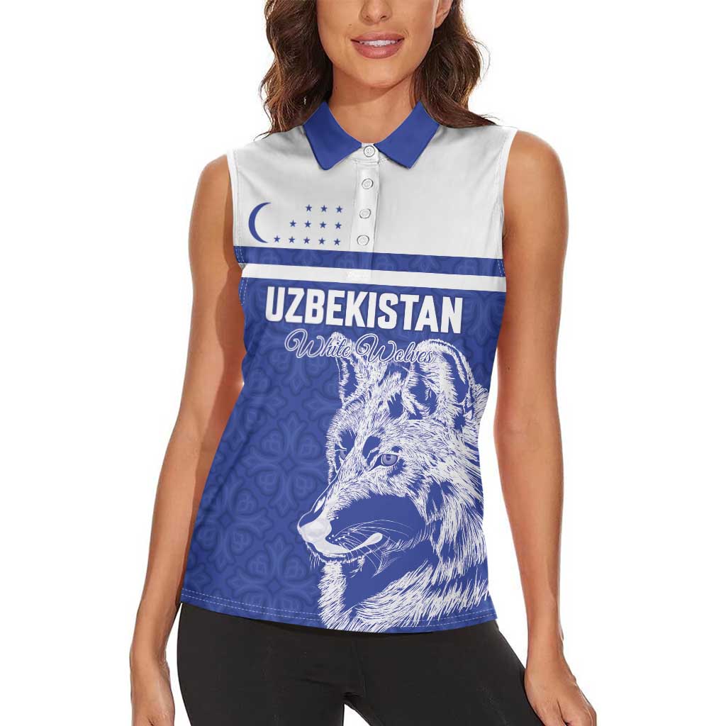 Custom Uzbekistan Football 2026 Women Sleeveless Polo Shirt White Wolves Rising