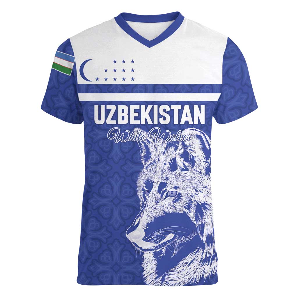 Custom Uzbekistan Football 2026 Women V-Neck T-Shirt White Wolves Rising