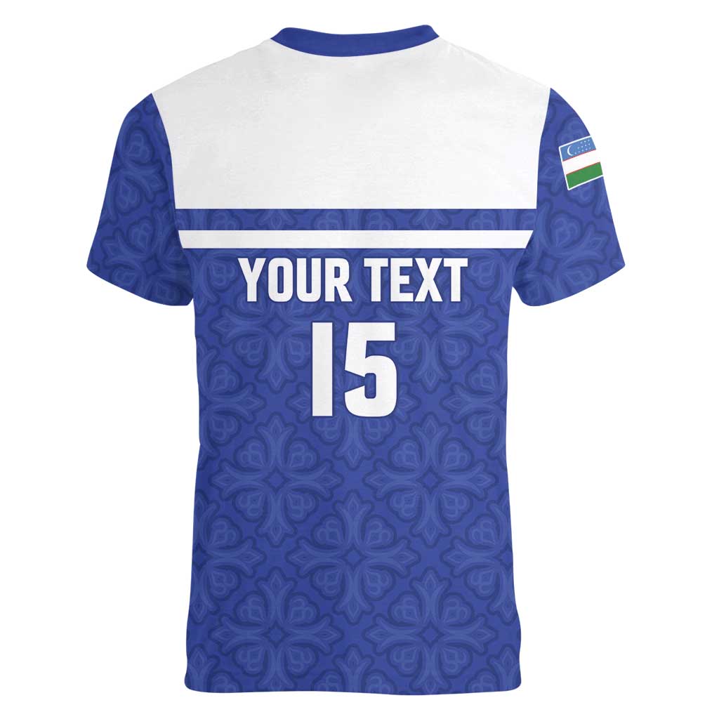 Custom Uzbekistan Football 2026 Women V-Neck T-Shirt White Wolves Rising