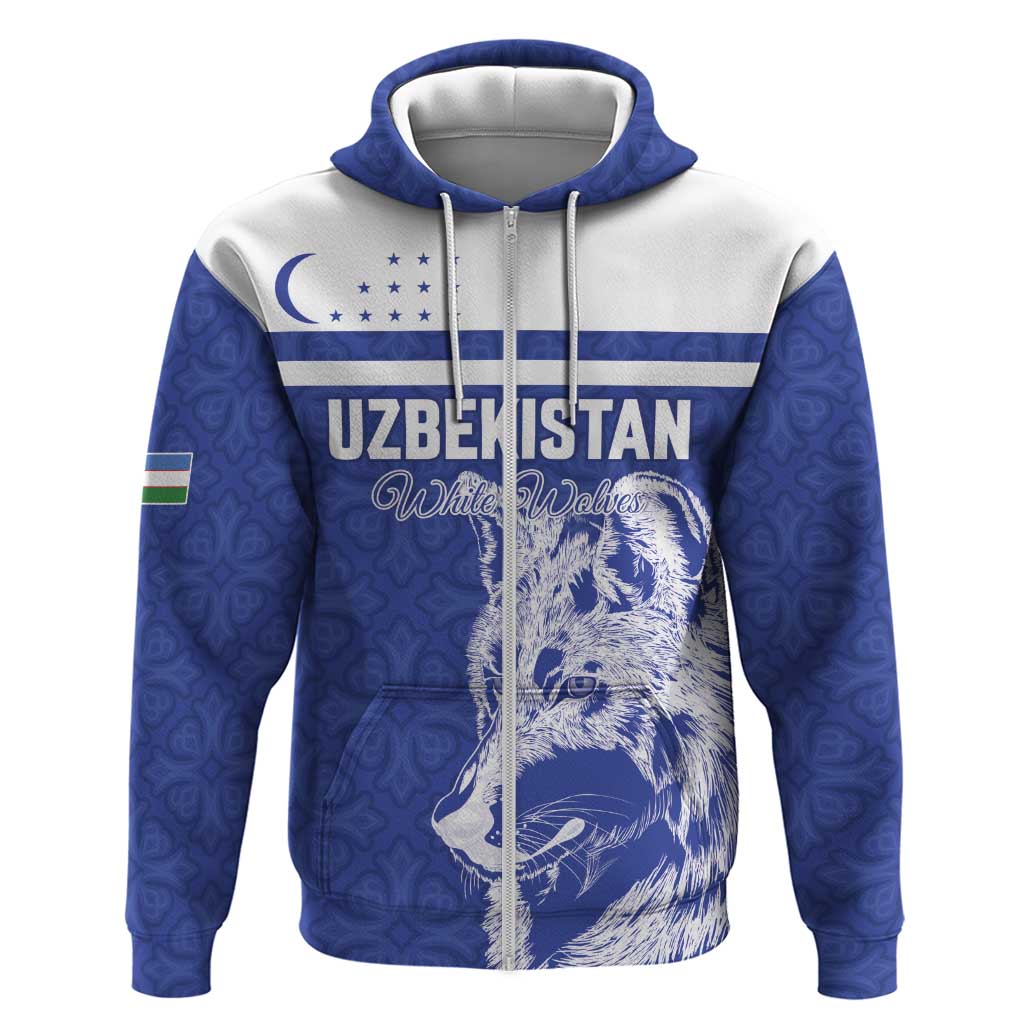 Custom Uzbekistan Football 2026 Zip Hoodie White Wolves Rising