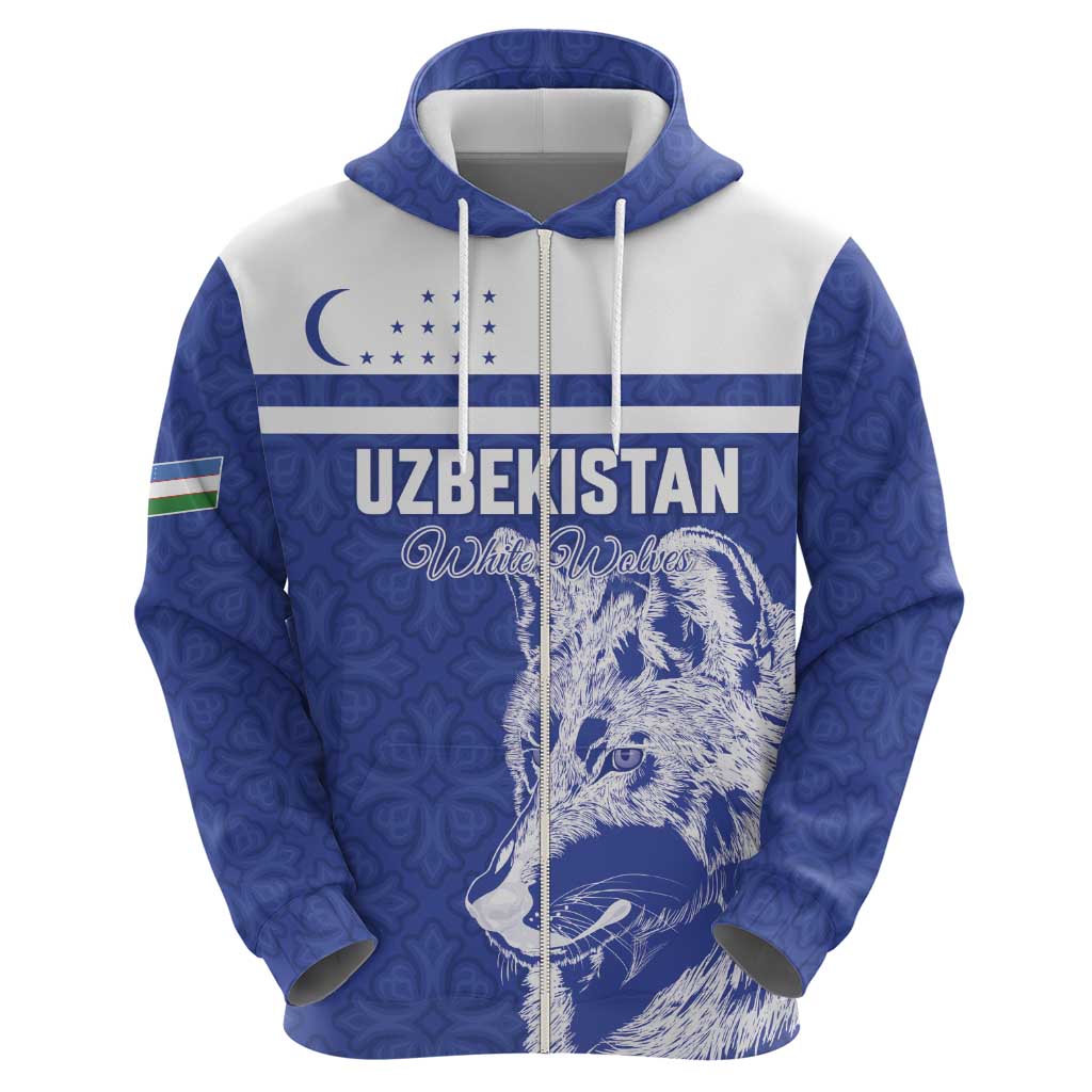 Custom Uzbekistan Football 2026 Zip Hoodie White Wolves Rising