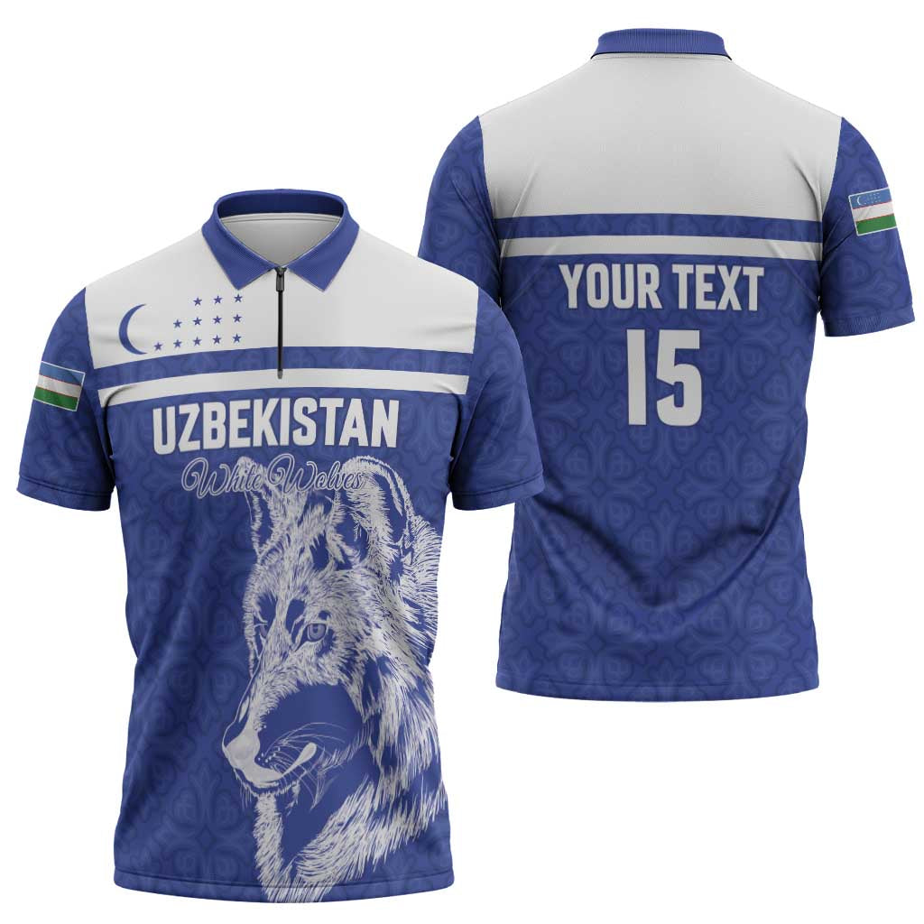 Custom Uzbekistan Football 2026 Zipper Polo Shirt White Wolves Rising
