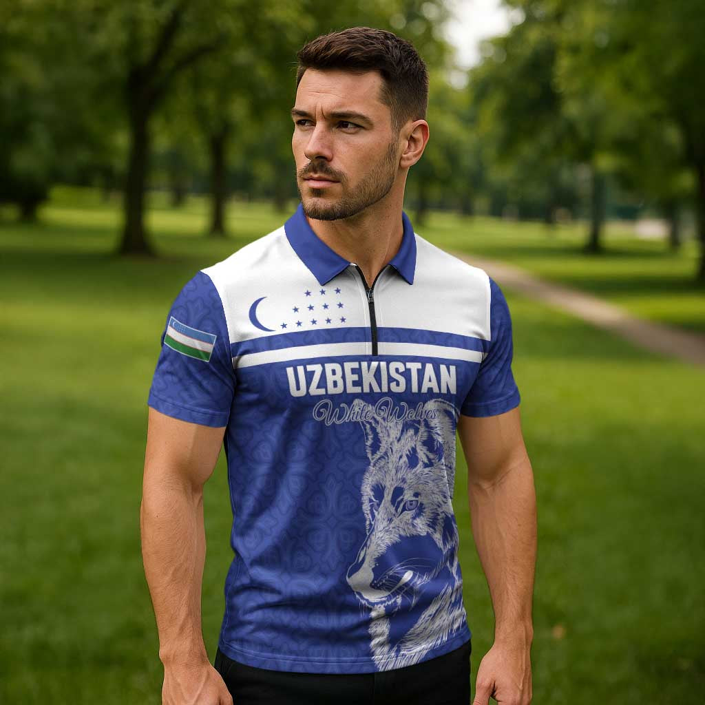Custom Uzbekistan Football 2026 Zipper Polo Shirt White Wolves Rising
