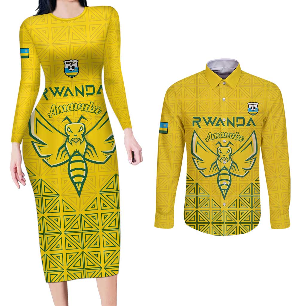 Custom Rwanda Football Couples Matching Long Sleeve Bodycon Dress and Long Sleeve Button Shirt Amavubi Oyeee!