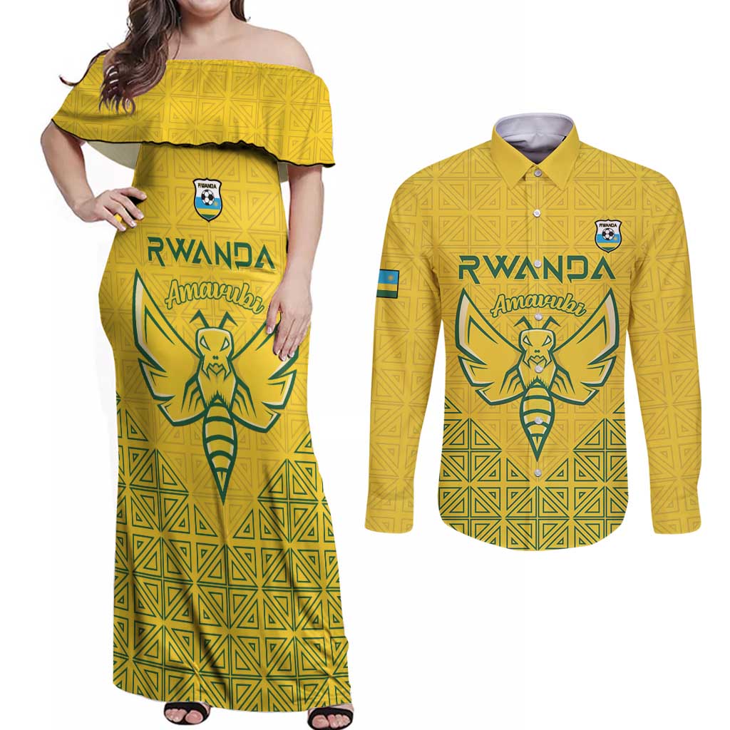 Custom Rwanda Football Couples Matching Off Shoulder Maxi Dress and Long Sleeve Button Shirt Amavubi Oyeee!