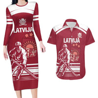 Custom Latvia Hockey Couples Matching Long Sleeve Bodycon Dress and Hawaiian Shirt Latvija Latvija