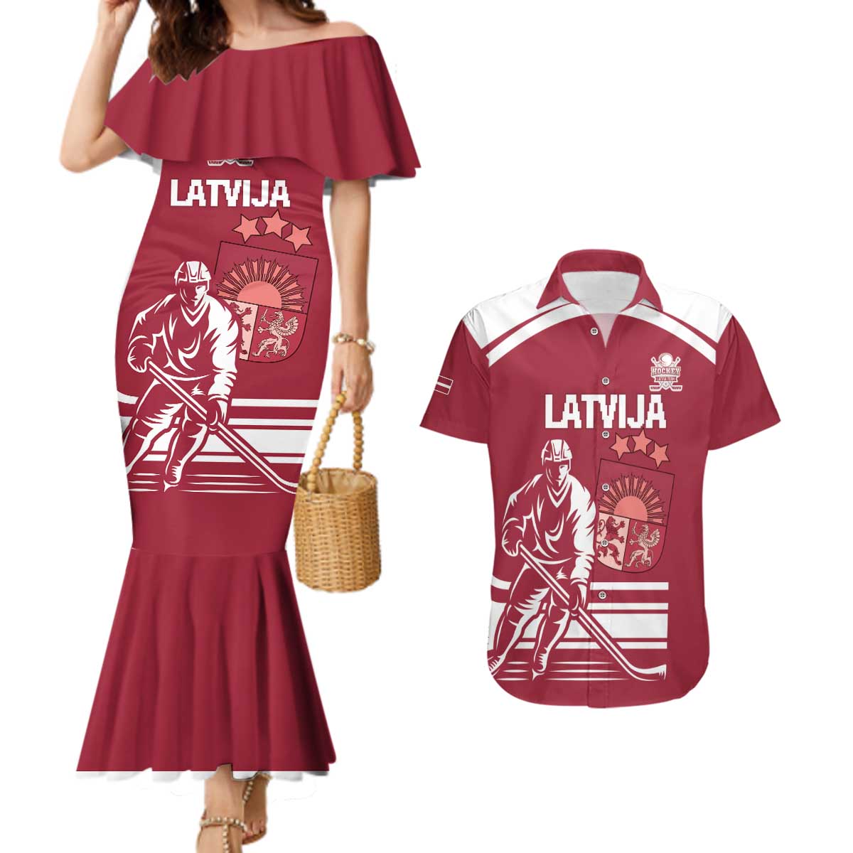 Custom Latvia Hockey Couples Matching Mermaid Dress and Hawaiian Shirt Latvija Latvija