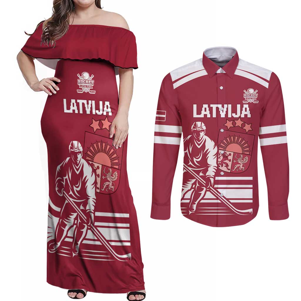 Custom Latvia Hockey Couples Matching Off Shoulder Maxi Dress and Long Sleeve Button Shirt Latvija Latvija