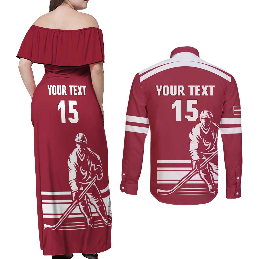 Custom Latvia Hockey Couples Matching Off Shoulder Maxi Dress and Long Sleeve Button Shirt Latvija Latvija
