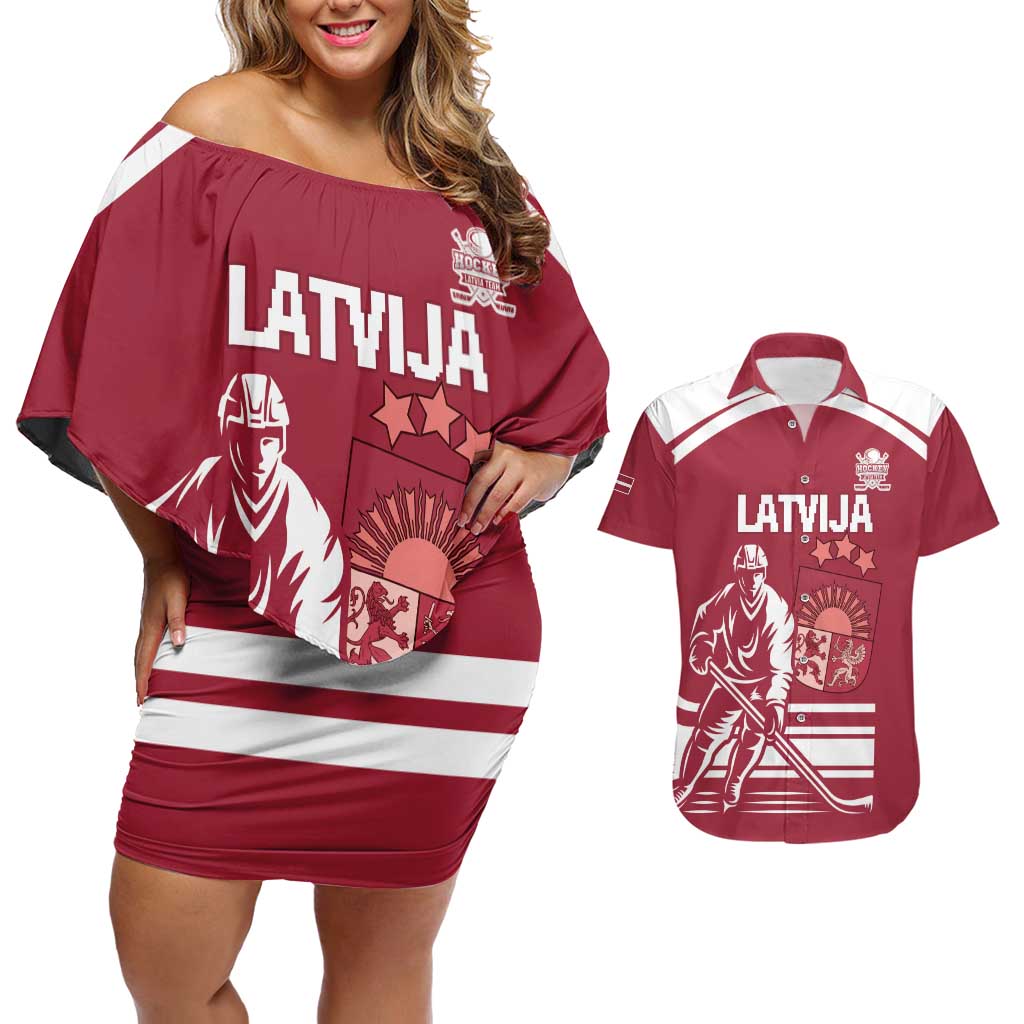Custom Latvia Hockey Couples Matching Off Shoulder Short Dress and Hawaiian Shirt Latvija Latvija