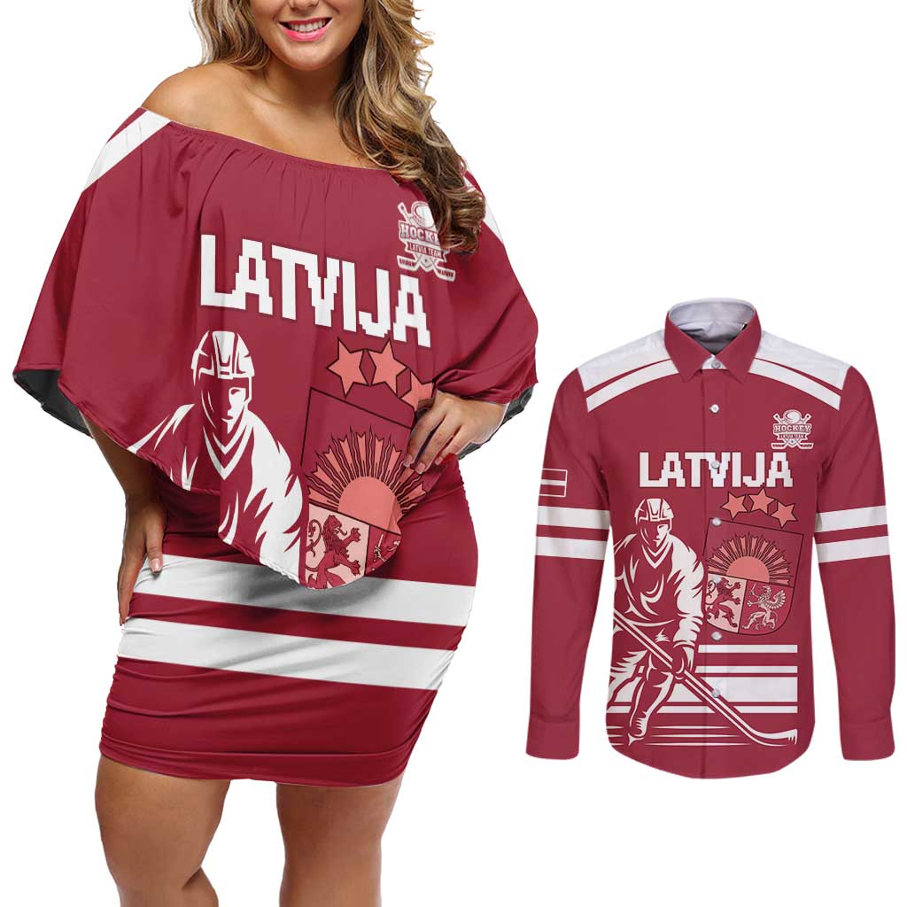 Custom Latvia Hockey Couples Matching Off Shoulder Short Dress and Long Sleeve Button Shirt Latvija Latvija