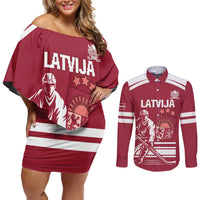 Custom Latvia Hockey Couples Matching Off Shoulder Short Dress and Long Sleeve Button Shirt Latvija Latvija