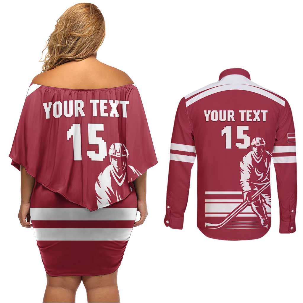 Custom Latvia Hockey Couples Matching Off Shoulder Short Dress and Long Sleeve Button Shirt Latvija Latvija