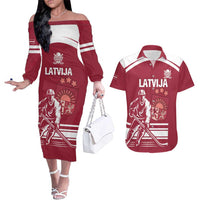 Custom Latvia Hockey Couples Matching Off The Shoulder Long Sleeve Dress and Hawaiian Shirt Latvija Latvija