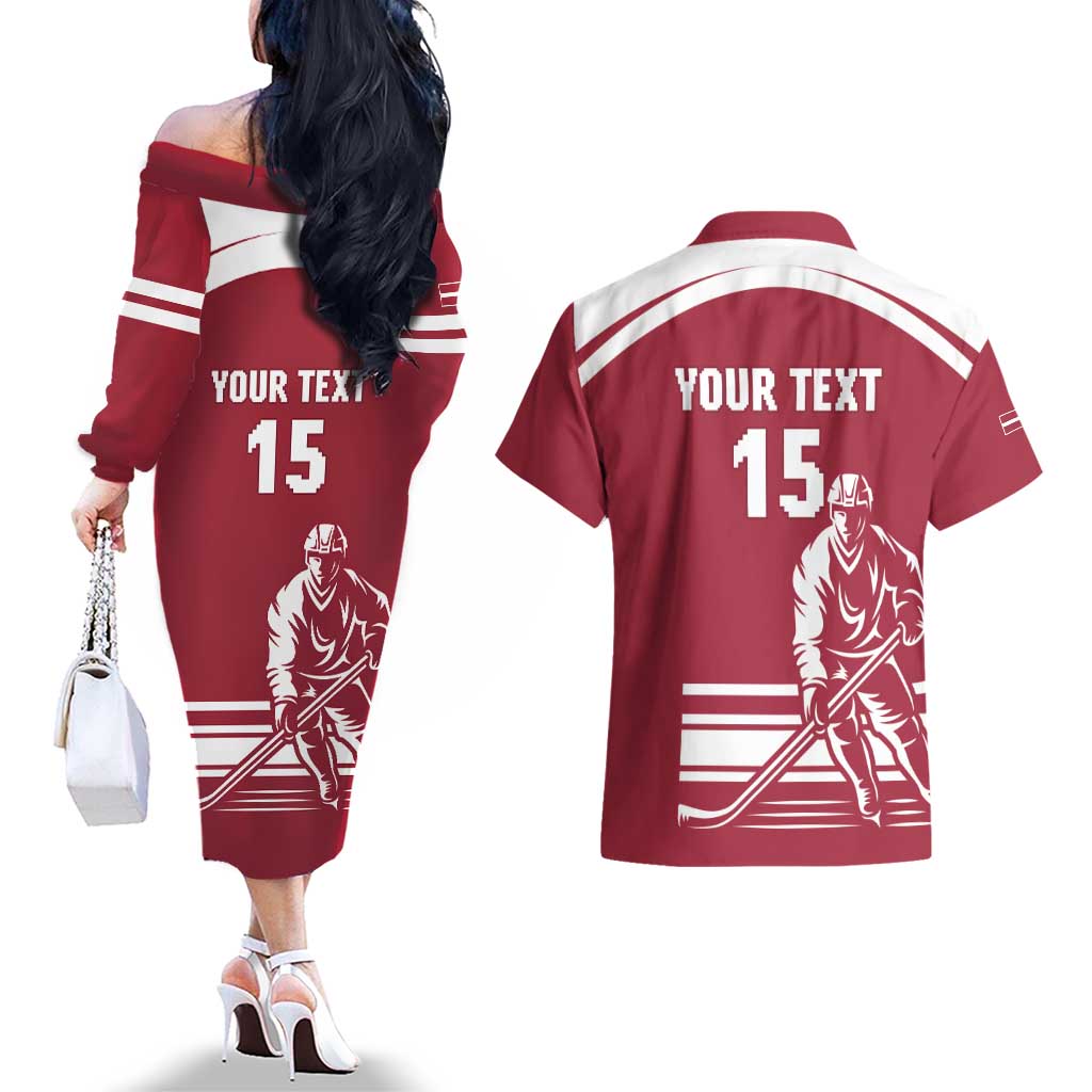 Custom Latvia Hockey Couples Matching Off The Shoulder Long Sleeve Dress and Hawaiian Shirt Latvija Latvija