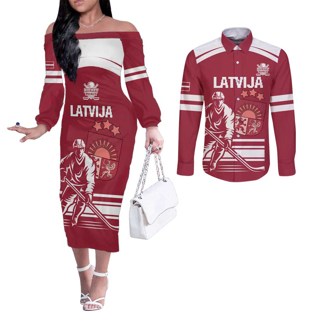 Custom Latvia Hockey Couples Matching Off The Shoulder Long Sleeve Dress and Long Sleeve Button Shirt Latvija Latvija