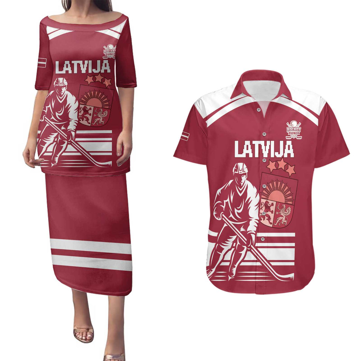 Custom Latvia Hockey Couples Matching Puletasi and Hawaiian Shirt Latvija Latvija