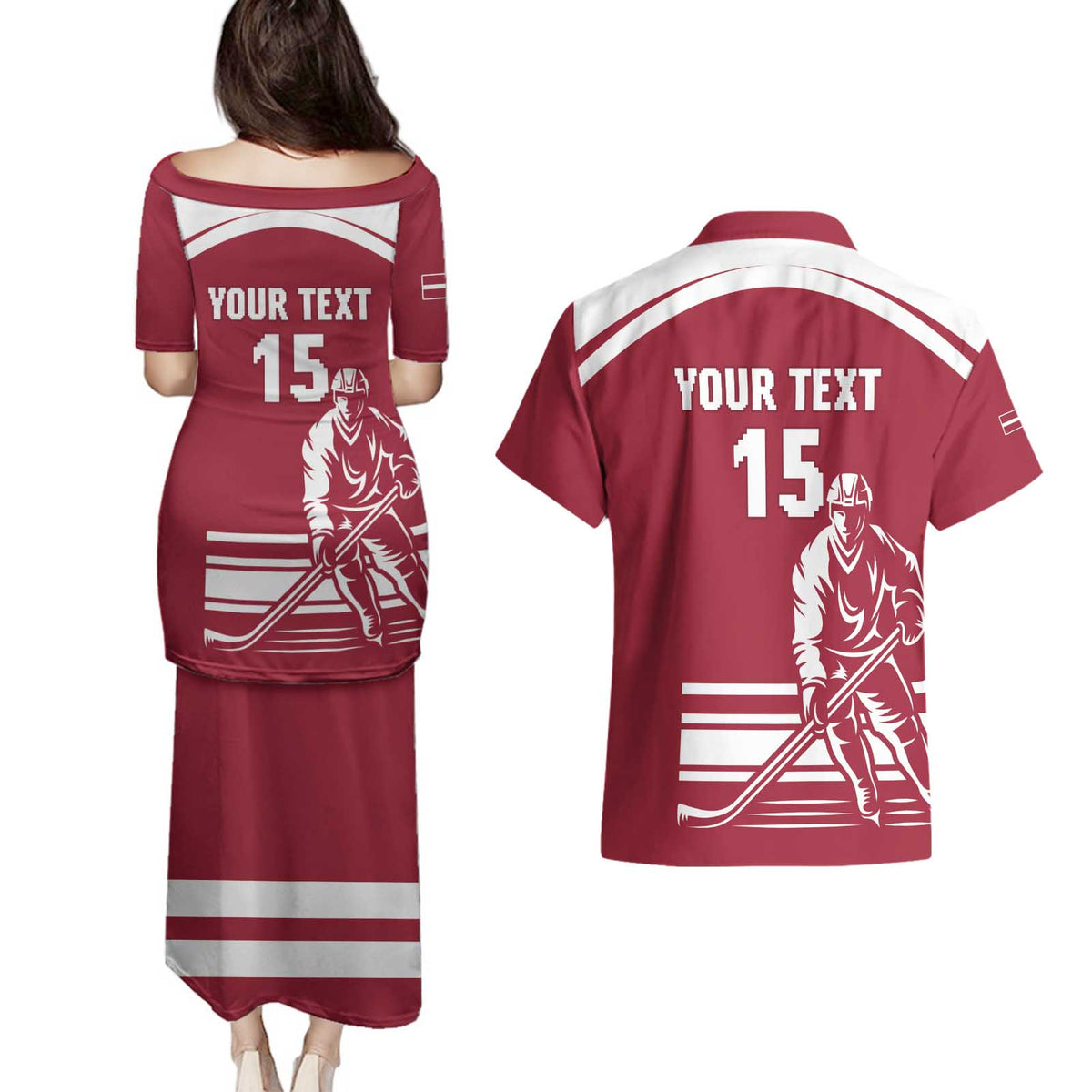 Custom Latvia Hockey Couples Matching Puletasi and Hawaiian Shirt Latvija Latvija