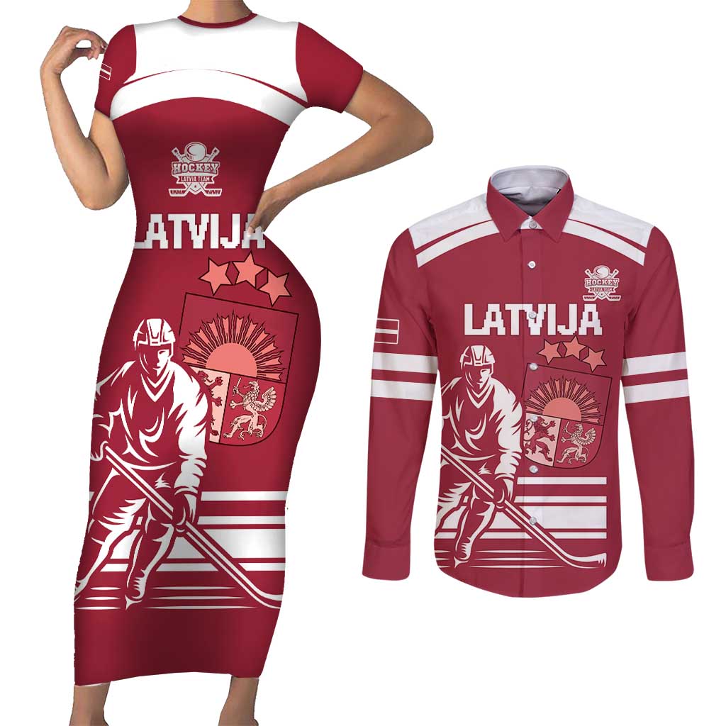 Custom Latvia Hockey Couples Matching Short Sleeve Bodycon Dress and Long Sleeve Button Shirt Latvija Latvija