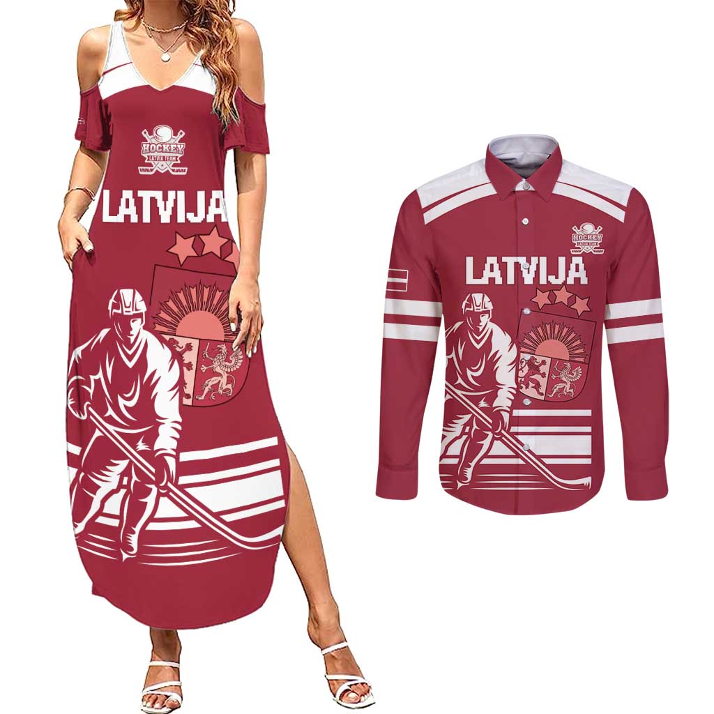 Custom Latvia Hockey Couples Matching Summer Maxi Dress and Long Sleeve Button Shirt Latvija Latvija
