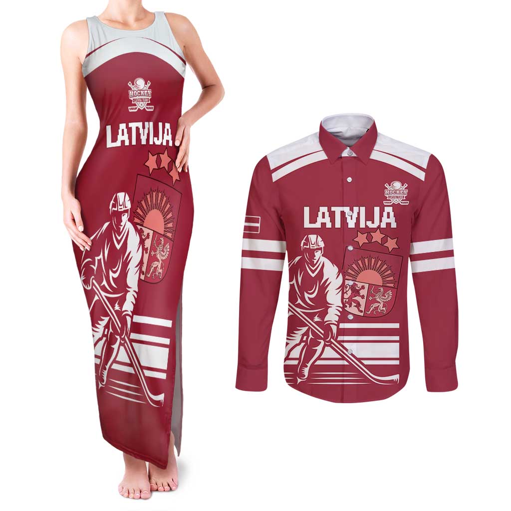 Custom Latvia Hockey Couples Matching Tank Maxi Dress and Long Sleeve Button Shirt Latvija Latvija