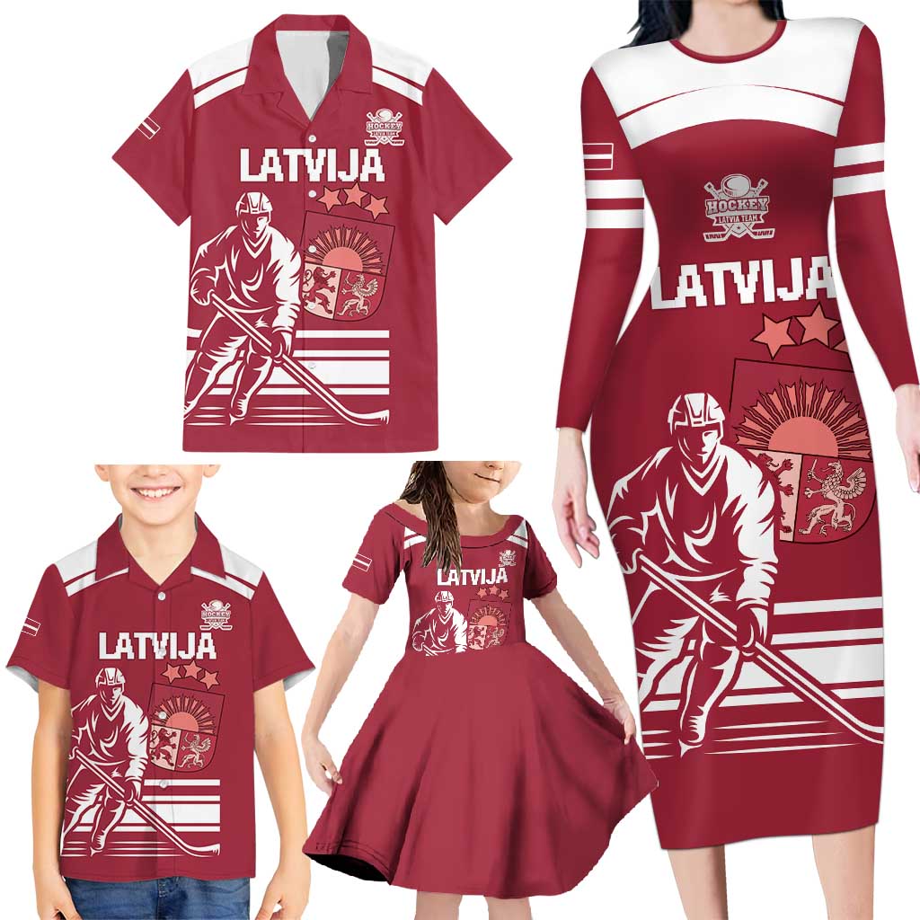 Custom Latvia Hockey Family Matching Long Sleeve Bodycon Dress and Hawaiian Shirt Latvija Latvija