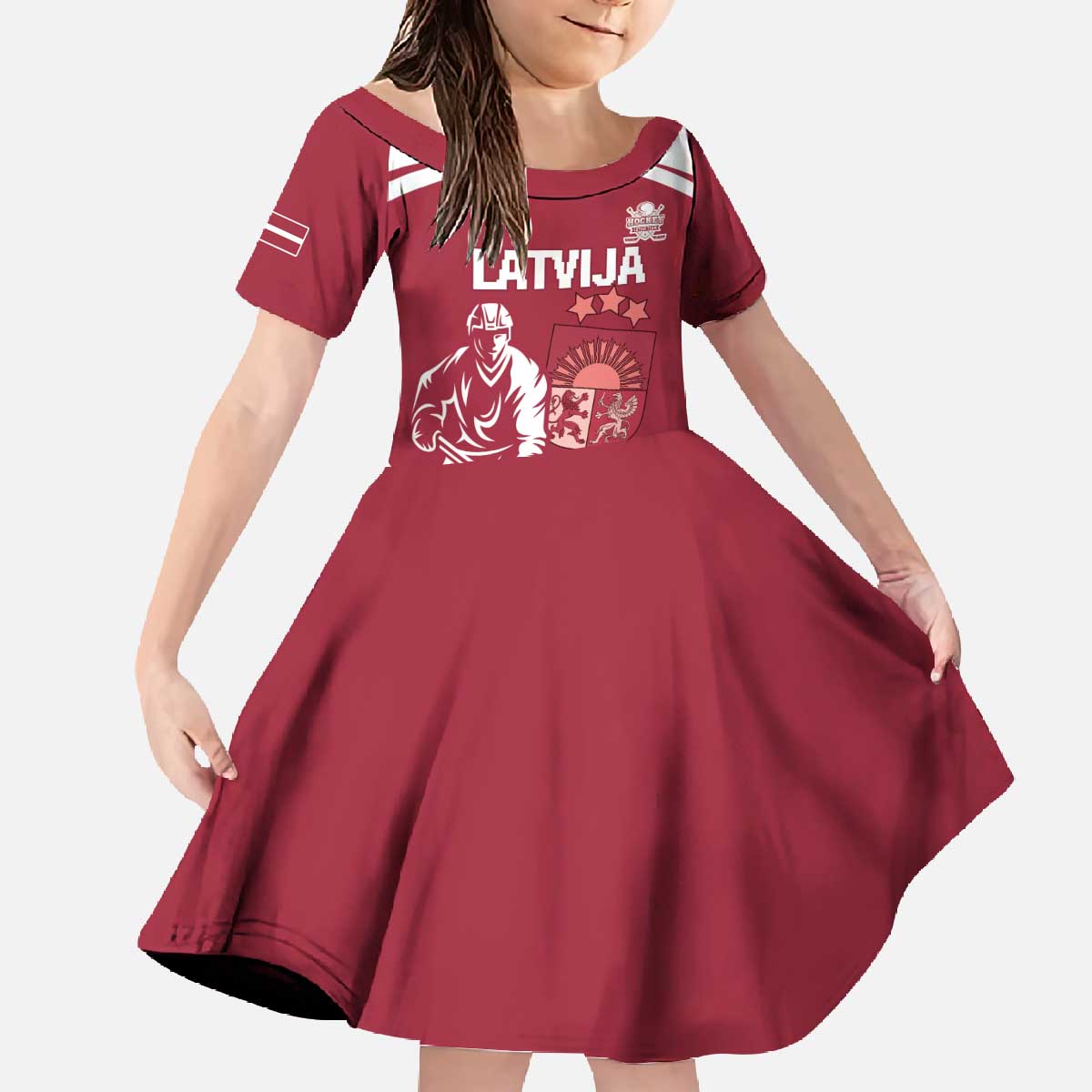 Custom Latvia Hockey Family Matching Off The Shoulder Long Sleeve Dress and Hawaiian Shirt Latvija Latvija