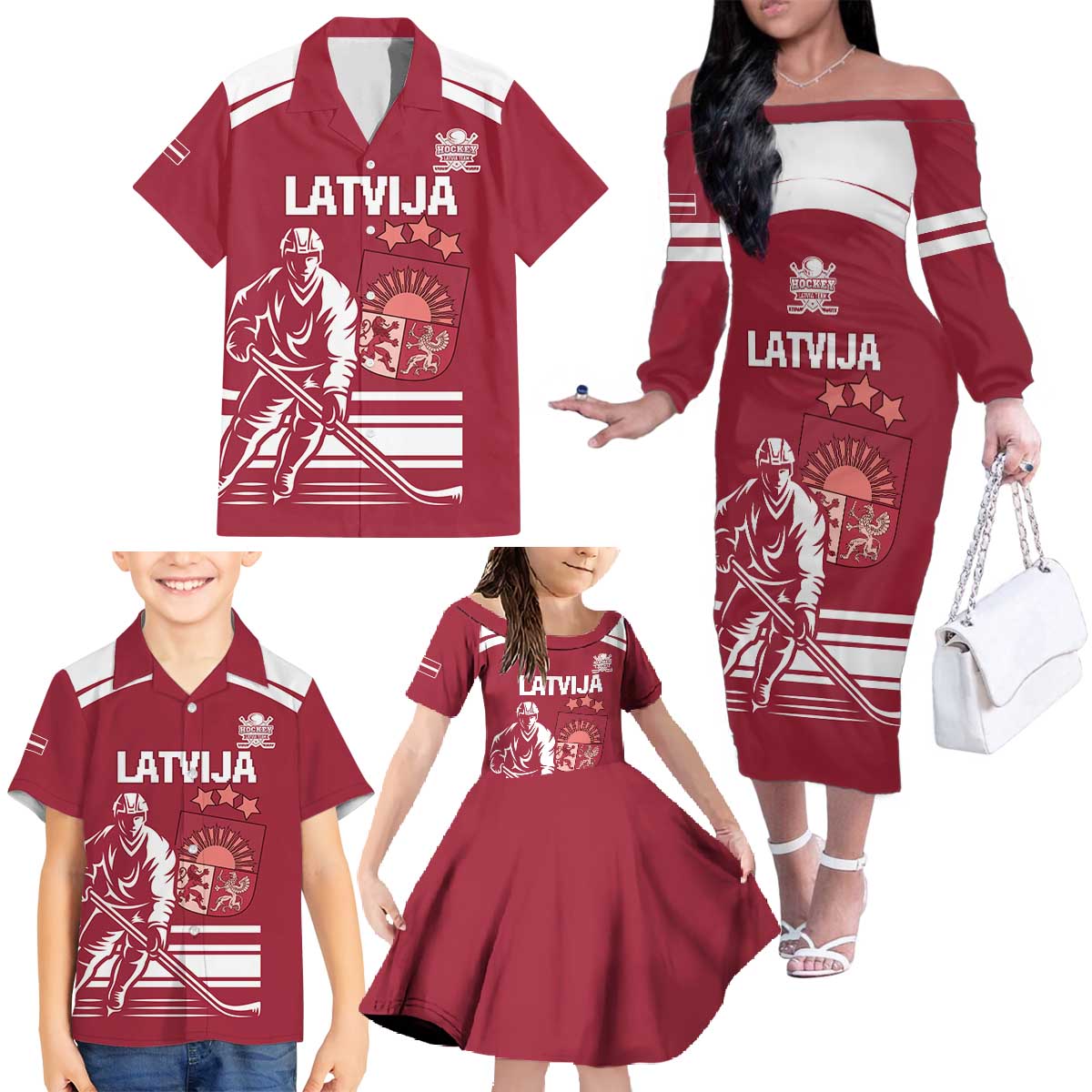 Custom Latvia Hockey Family Matching Off The Shoulder Long Sleeve Dress and Hawaiian Shirt Latvija Latvija