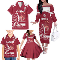 Custom Latvia Hockey Family Matching Off The Shoulder Long Sleeve Dress and Hawaiian Shirt Latvija Latvija