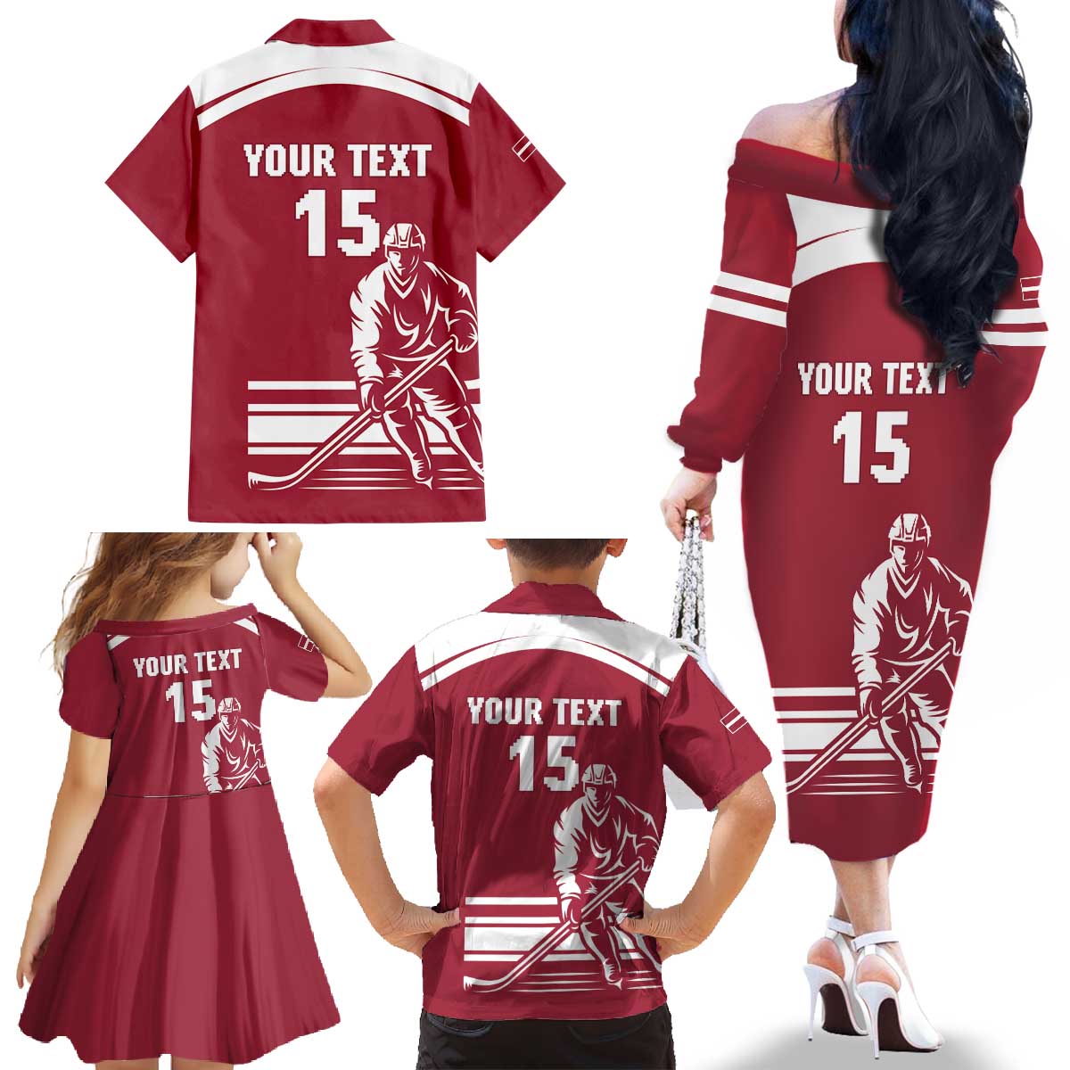 Custom Latvia Hockey Family Matching Off The Shoulder Long Sleeve Dress and Hawaiian Shirt Latvija Latvija