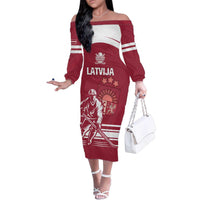 Custom Latvia Hockey Family Matching Off The Shoulder Long Sleeve Dress and Hawaiian Shirt Latvija Latvija