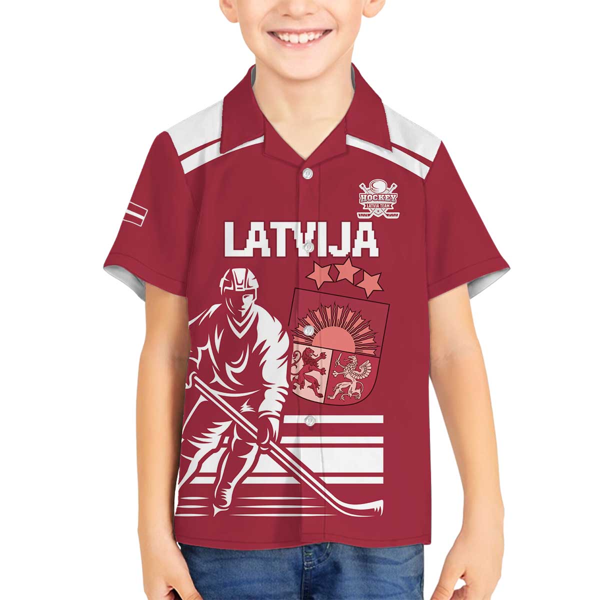 Custom Latvia Hockey Family Matching Off The Shoulder Long Sleeve Dress and Hawaiian Shirt Latvija Latvija