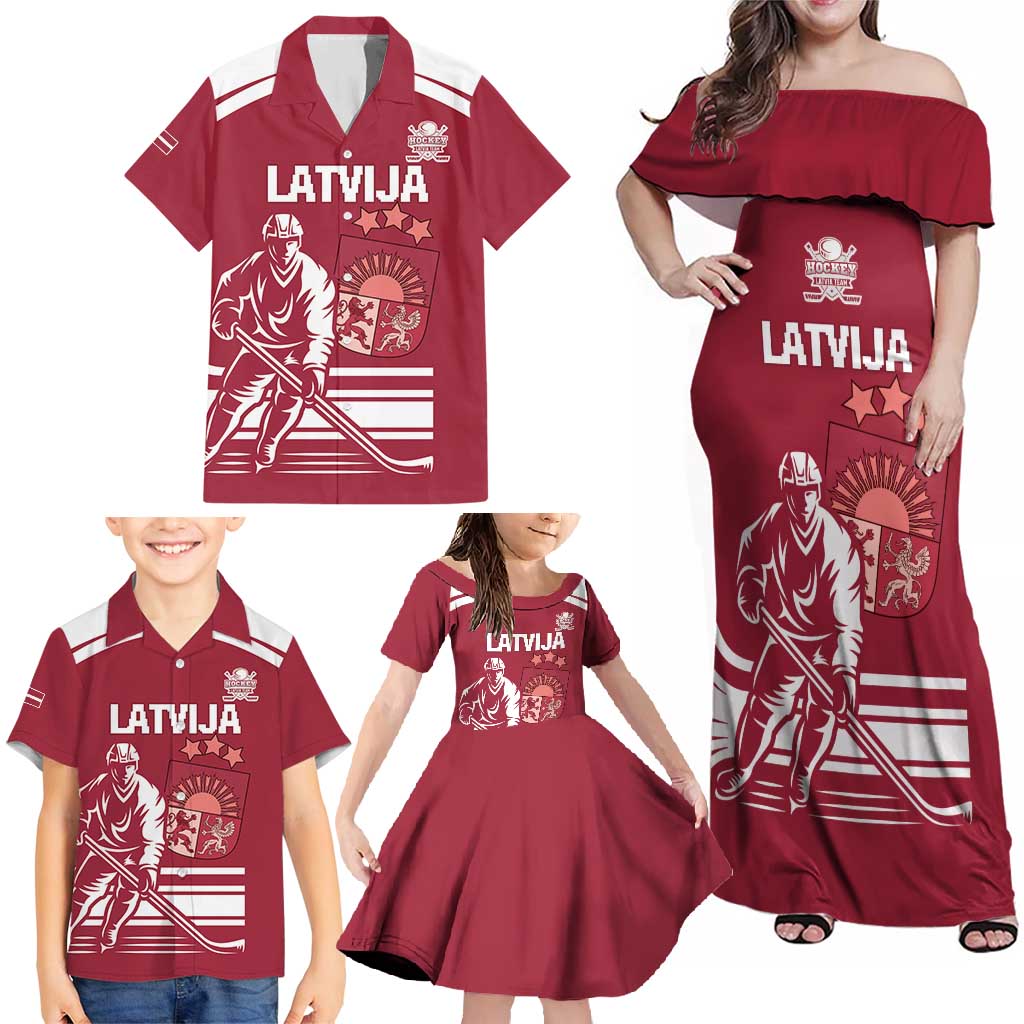 Custom Latvia Hockey Family Matching Off Shoulder Maxi Dress and Hawaiian Shirt Latvija Latvija