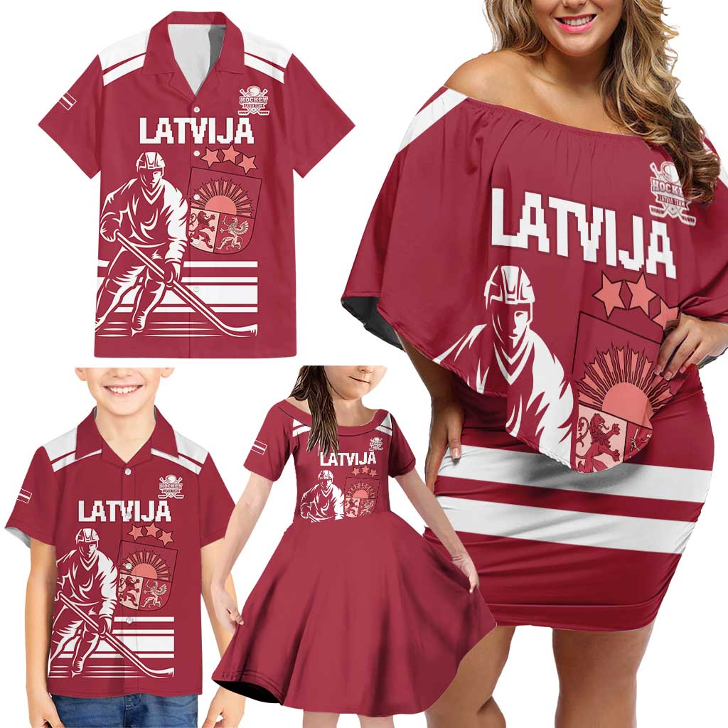 Custom Latvia Hockey Family Matching Off Shoulder Short Dress and Hawaiian Shirt Latvija Latvija