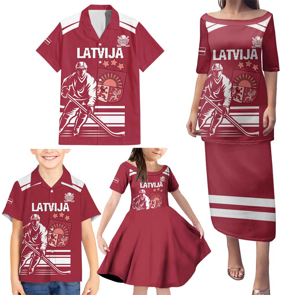 Custom Latvia Hockey Family Matching Puletasi and Hawaiian Shirt Latvija Latvija