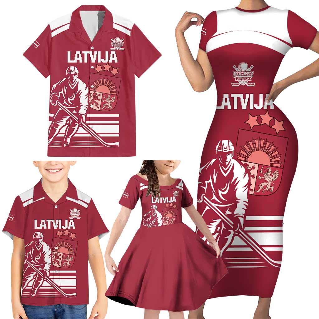 Custom Latvia Hockey Family Matching Short Sleeve Bodycon Dress and Hawaiian Shirt Latvija Latvija
