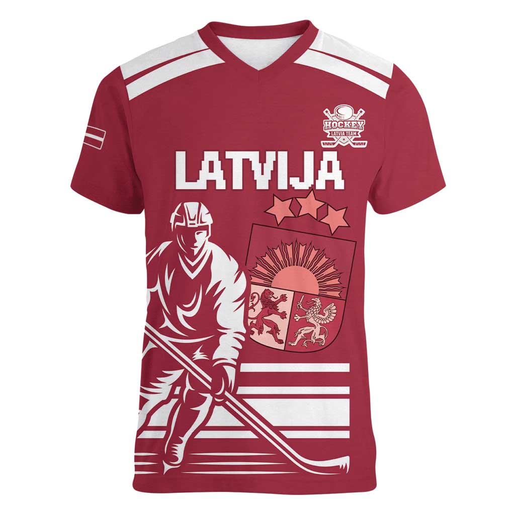 Custom Latvia Hockey Women V-Neck T-Shirt Latvija Latvija
