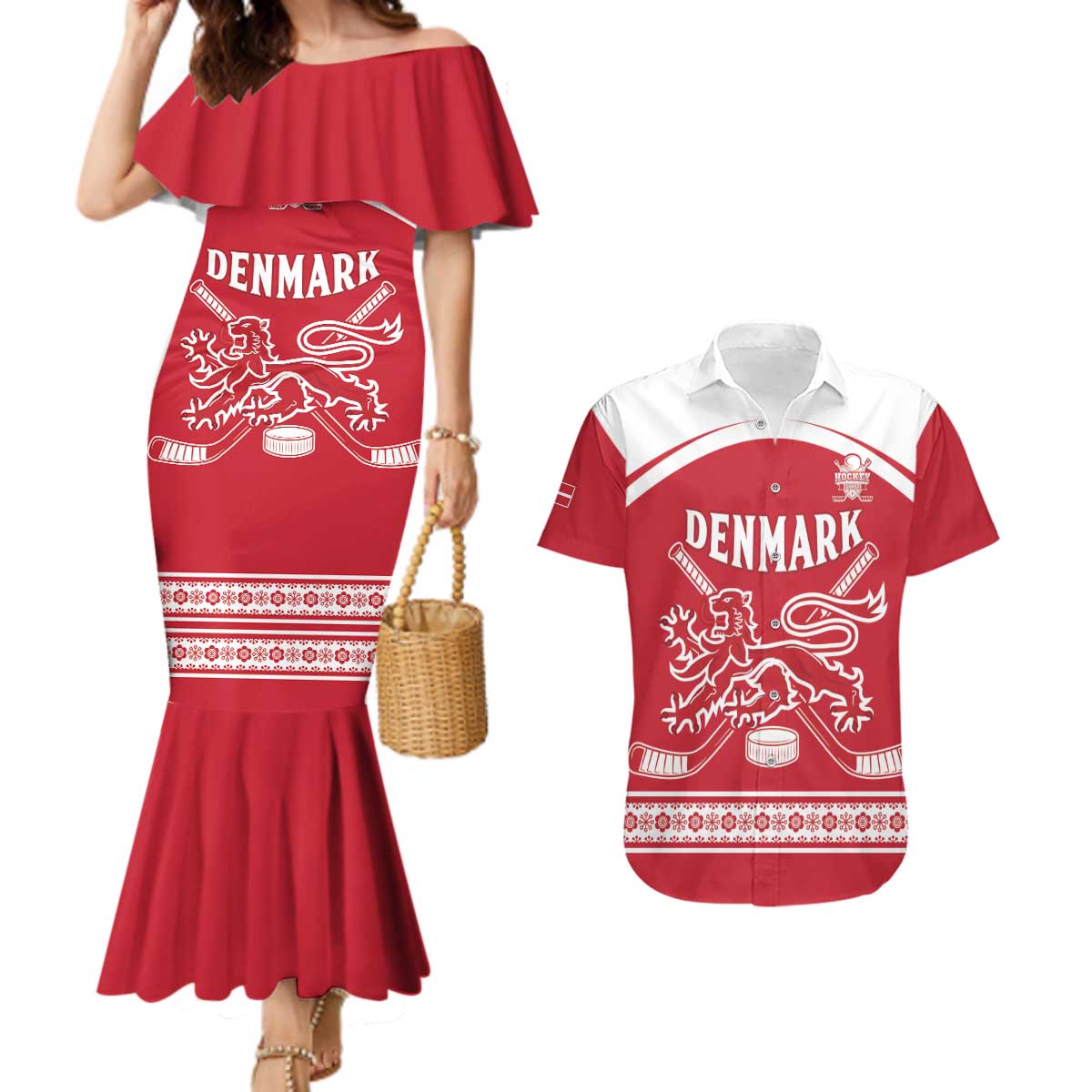 Custom Denmark Hockey Couples Matching Mermaid Dress and Hawaiian Shirt Come On Danish Lions