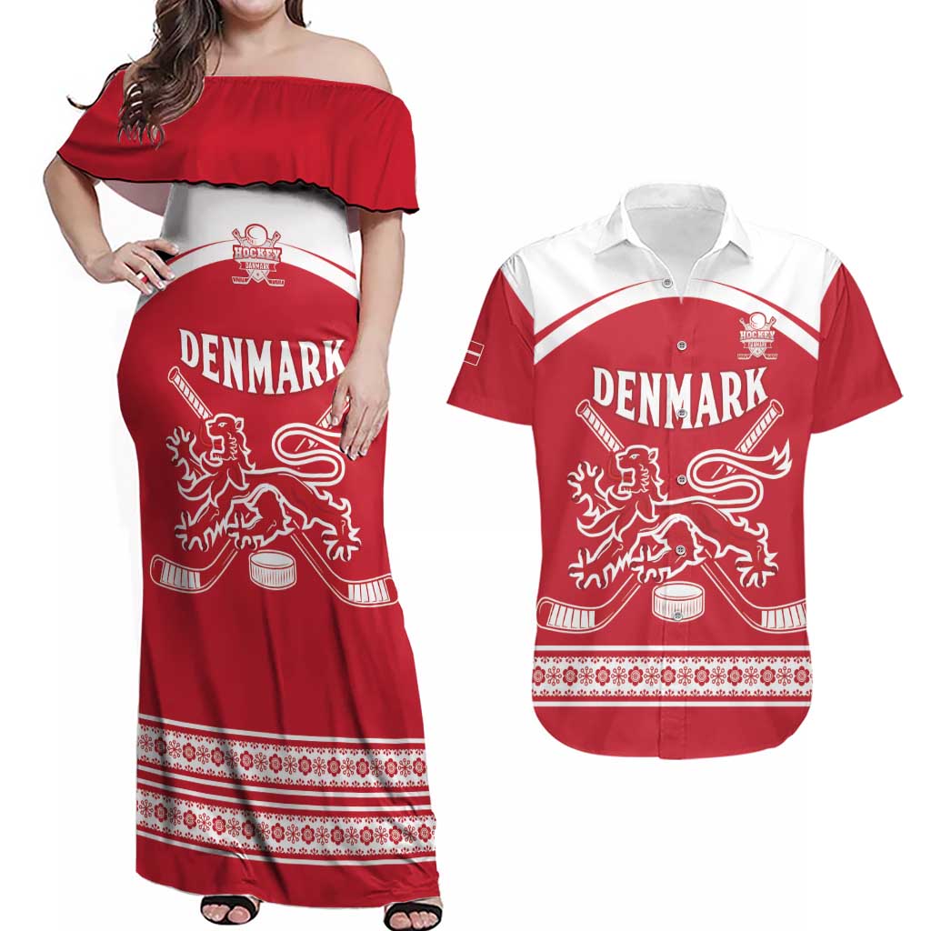 Custom Denmark Hockey Couples Matching Off Shoulder Maxi Dress and Hawaiian Shirt Come On Danish Lions